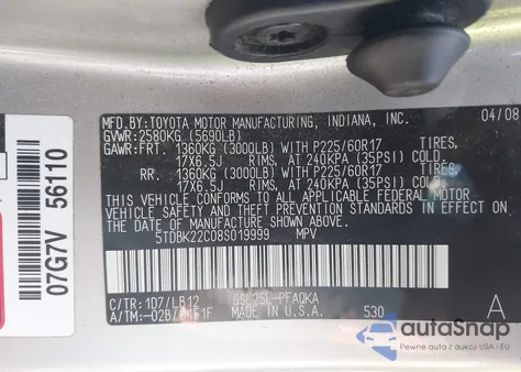 2008 Toyota Sienna Xle from USA, damaged, VIN 5TDBK22C08S019999